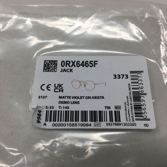 Ray-Ban Jack Optics 6465F Eyeglass Frame, Size L 53-20 Low Bridge - Matte Violet - Picture 12 of 12